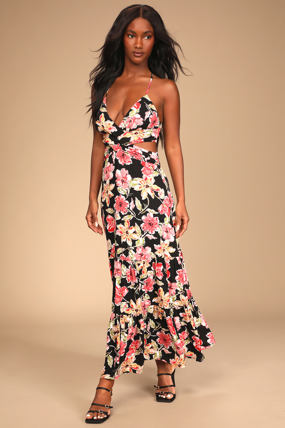 Black Floral Print Dress - Cutout Maxi ...